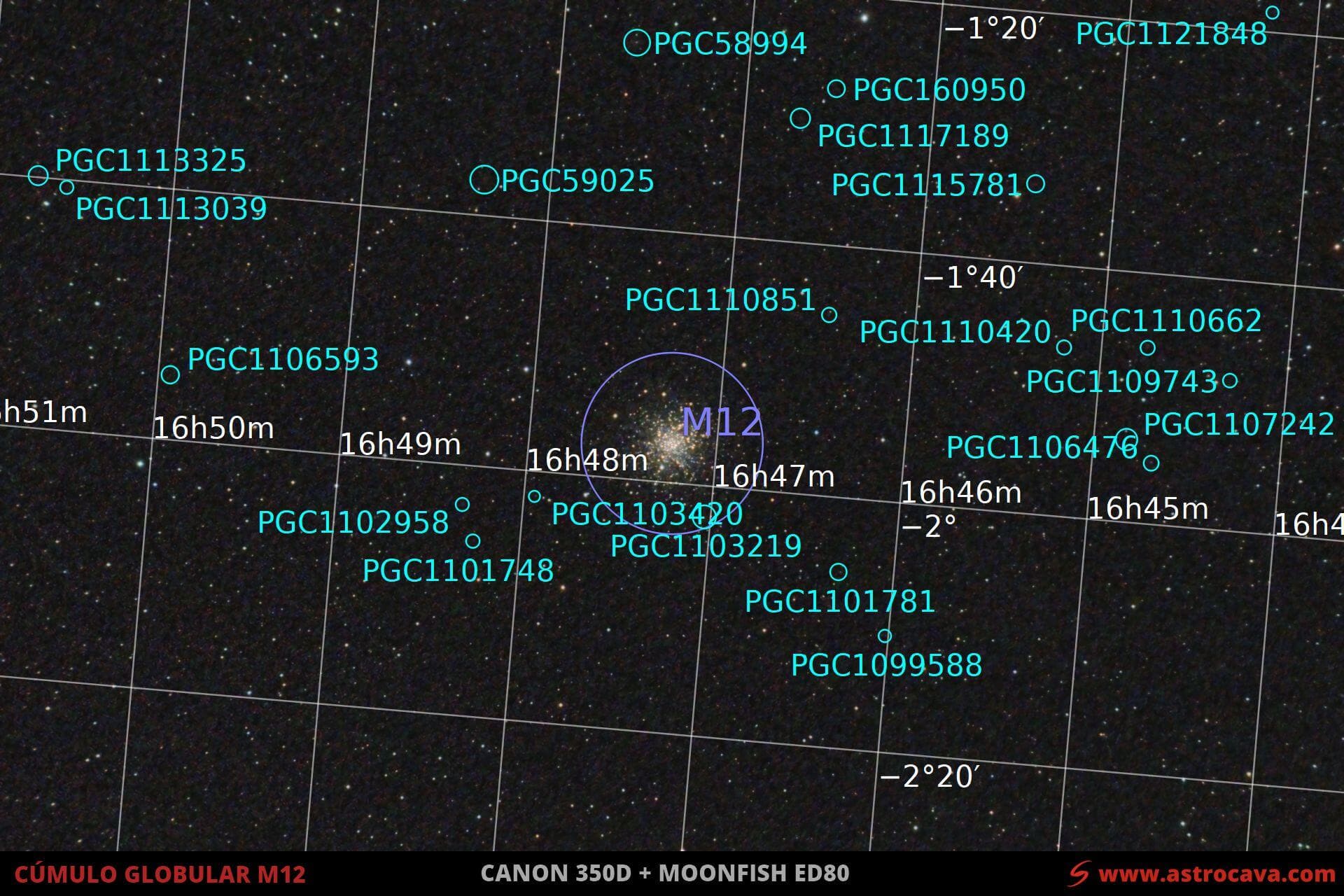 Cúmulo Globular M12 en Ofiuco. Versión anotada.