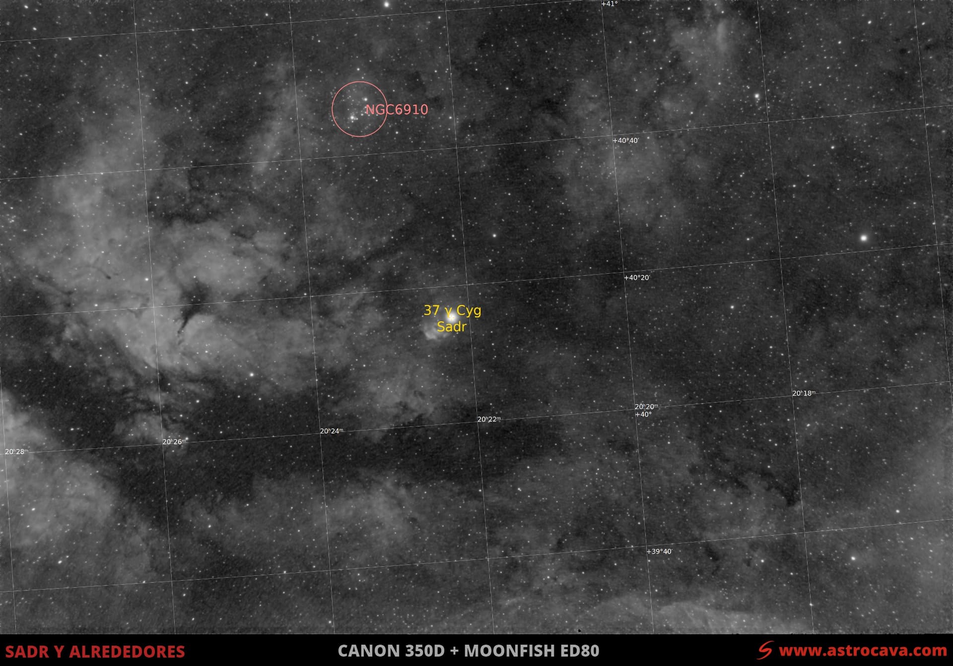 Estrella Sadr en Cisne y nebulosa asociada (IC1318). Versión anotada.