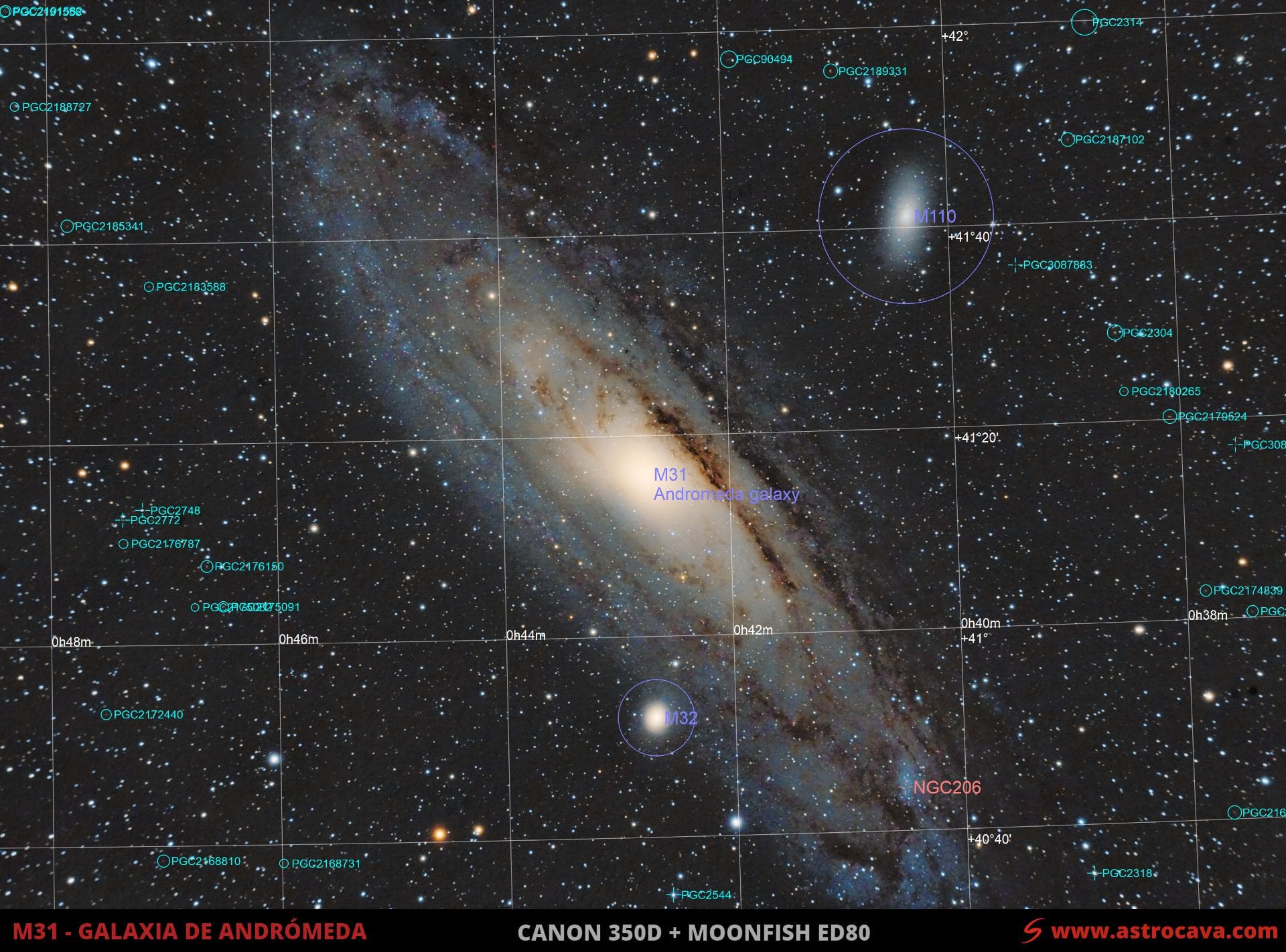 La galaxia de Andrómeda (M31). Versión anotada.