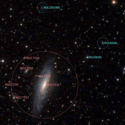 «Deer Lick Group» Galaxias NGC7331, NGC7333, NGC7335, NGC7336, NGC7337 y NGC7338. Versión anotada.