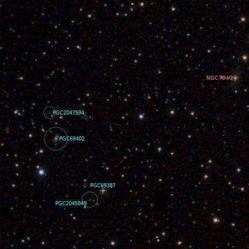 Galaxias NGC7340, PGC2047594 y PGC69402 en Pagaso. Versión anotada.