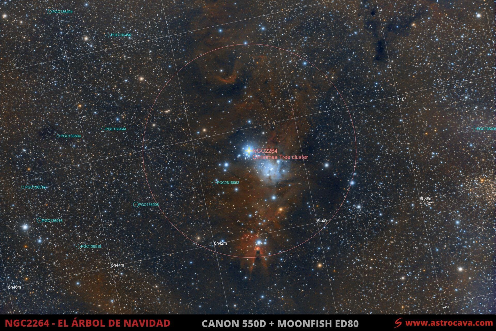Nebulosa «Árbol de Navidad» (NGC2264)Nebulosa «Árbol de Navidad» (NGC2264). Versión anotada.