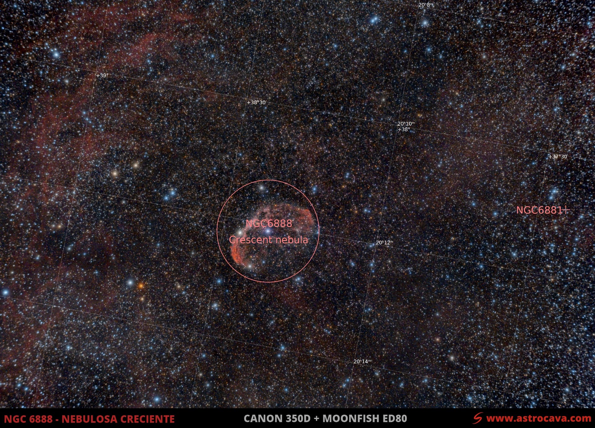 Nebulosa Creciente (NGC6888) en Cisne. Versión anotada.