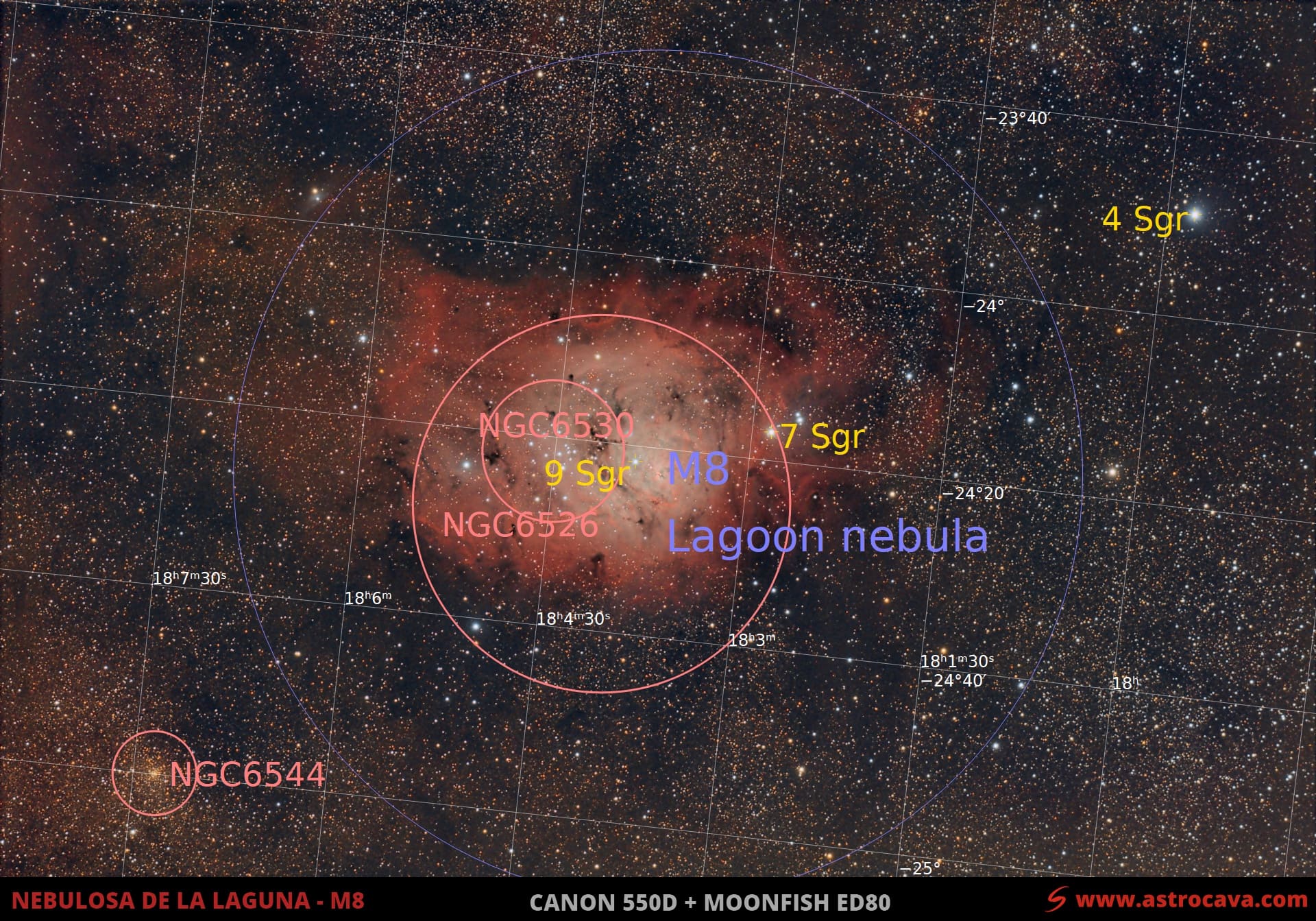 Nebulosa de «La Laguna» (M8) en Sagitario. Versión anotada.