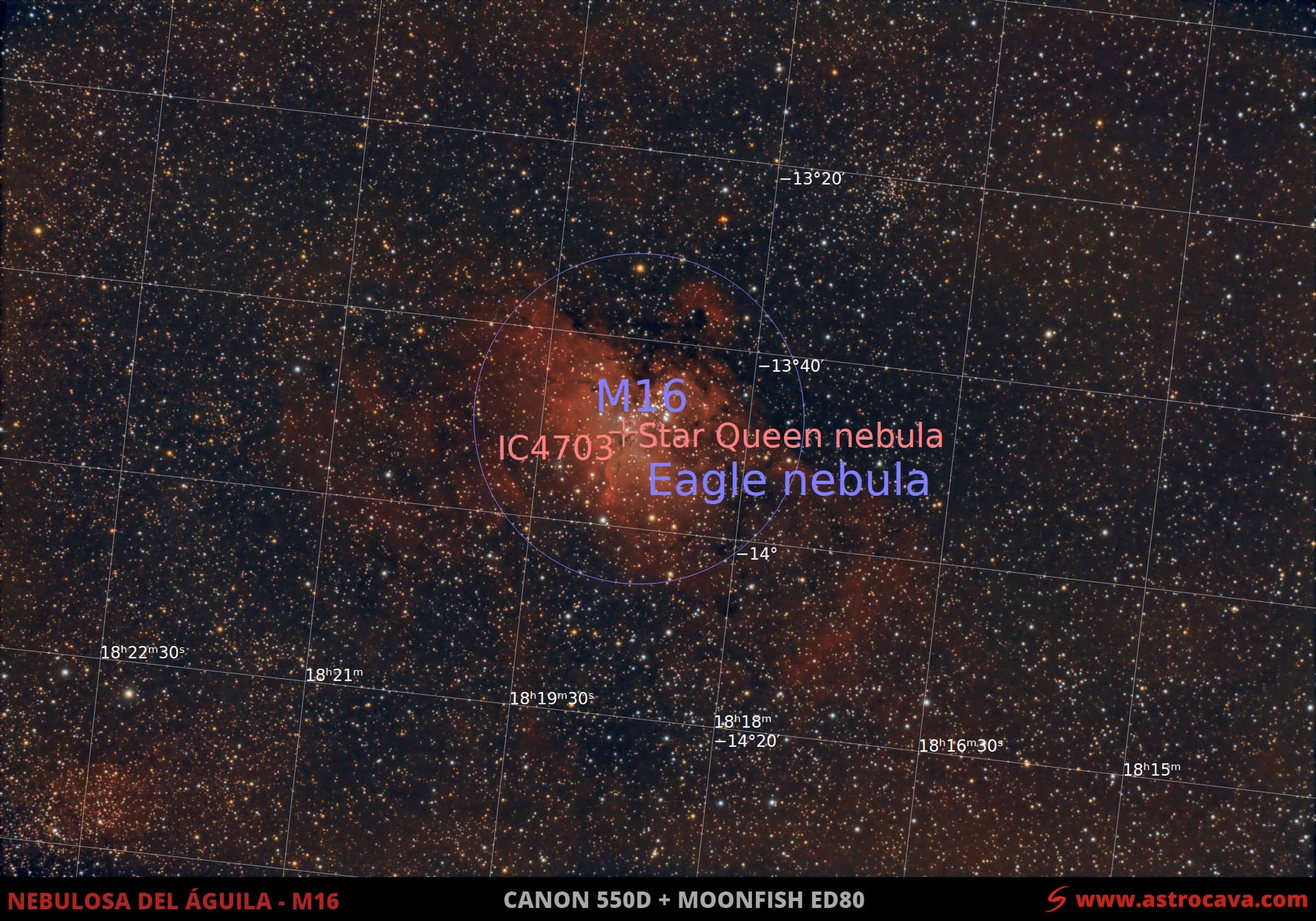Nebulosa del Águila (M16) en la Serpiente. Versión anotada.