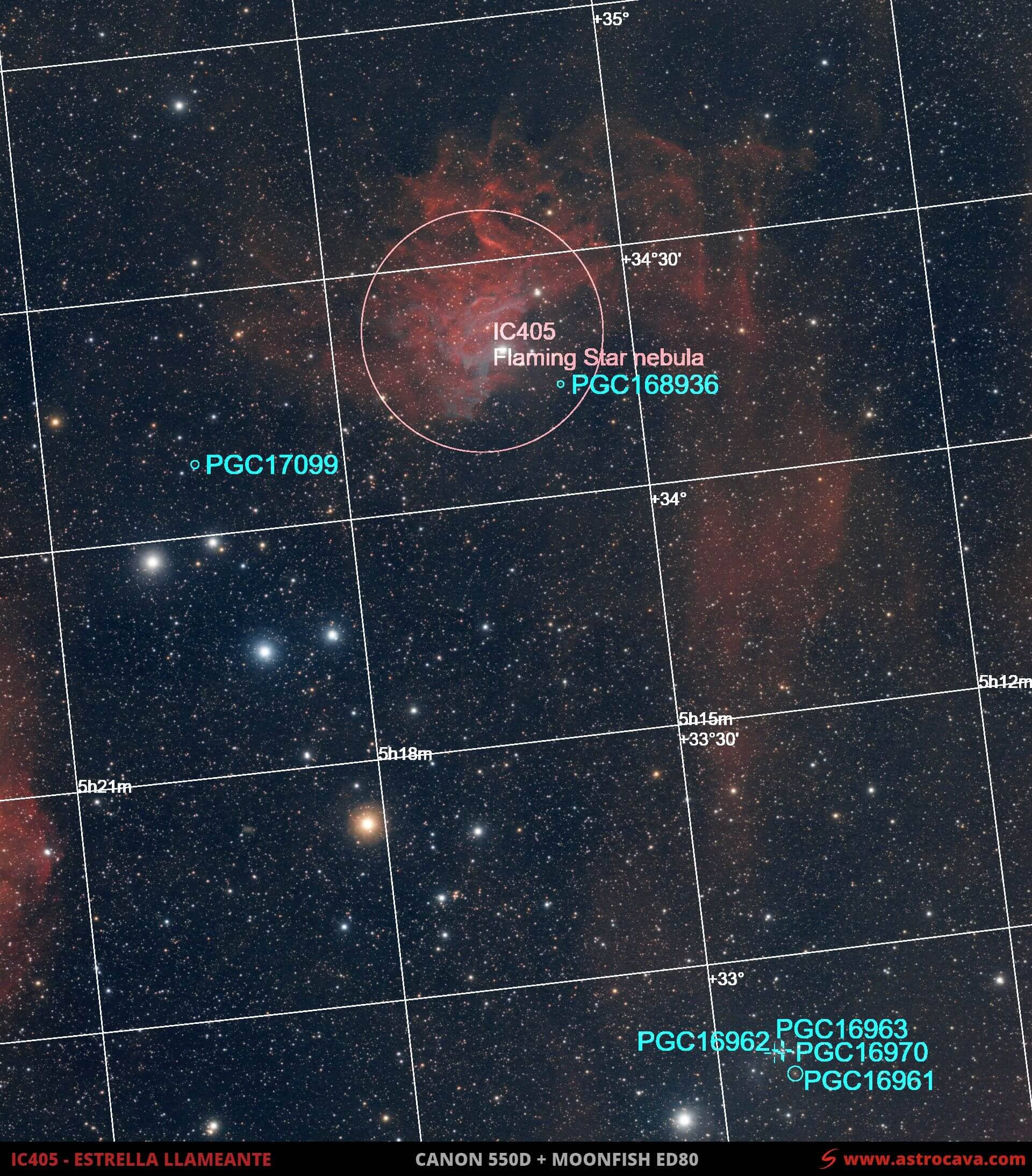 Nebulosa de la estrella llameante (IC405) en Auriga. Versión anotada.