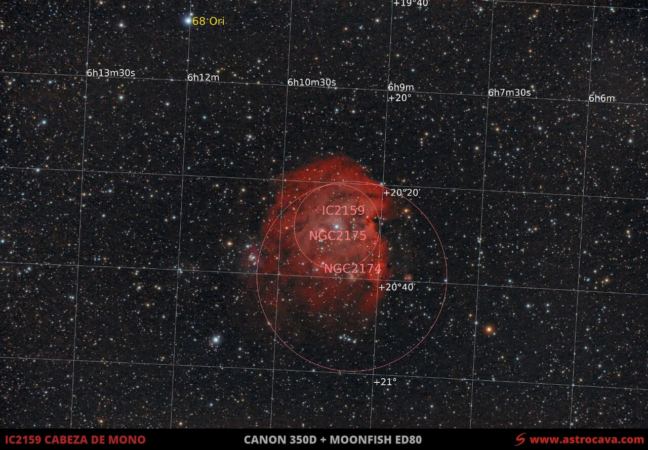 La nebulosa «Cabeza de Mono» (IC2159) en Orión. Versión anotada.