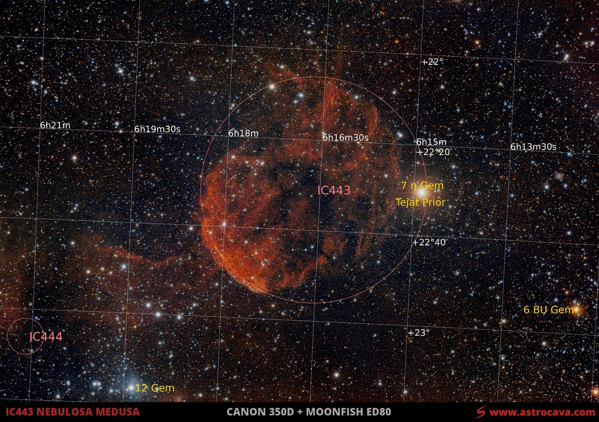 La nebulosa «Medusa» (IC443) en Géminis. Versión anotada.