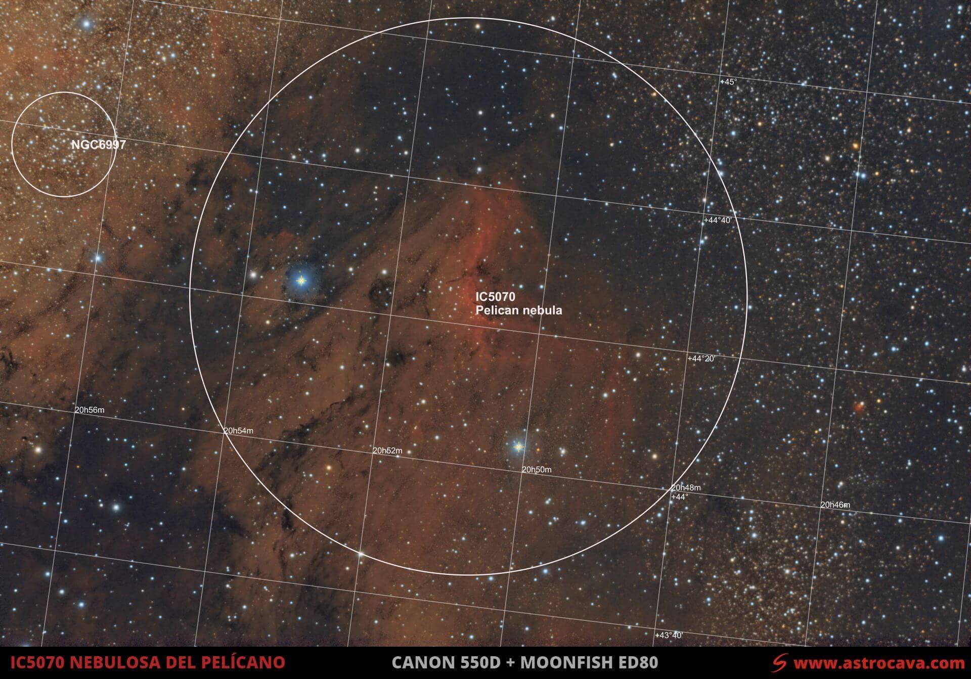 Nebulosa del Pelícano en Cisne (IC5070). Imagen anotada.