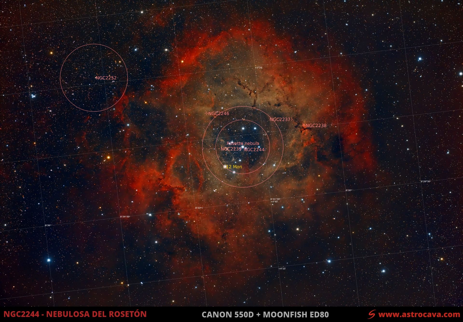 Nebulosa del Rosetón (NGC2244) en Unicornio. Versión anotada.