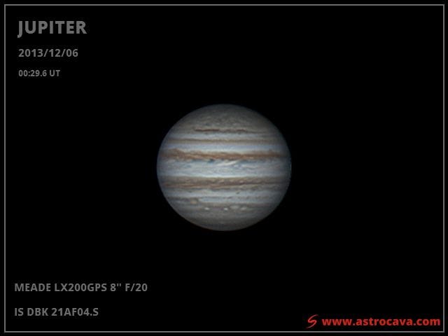 Júpiter el 6 de diciembre de 2013. Telescopio Meade LX200GPS 8" F/20. Cámara IS DBK 21AF04.S 