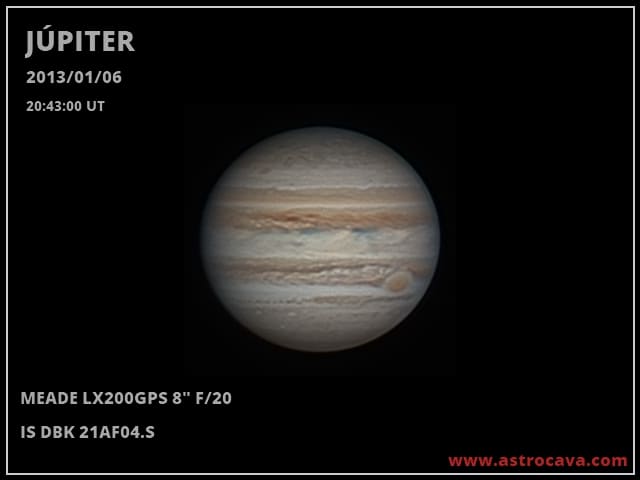 Júpiter y la Gran Mancha Roja. 6 de enero de 2013. Meade LX200GPS 8" + IS DBK 21AF04.S