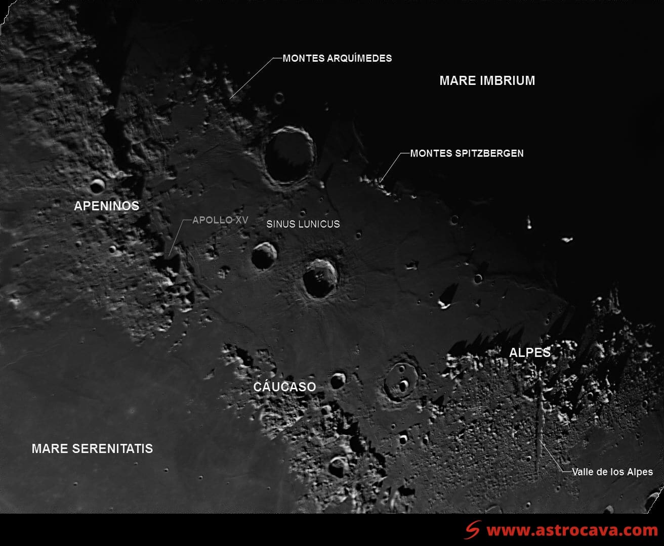 Zona de la Luna entre Mare Imbrium y Mare Serenitatis anotada