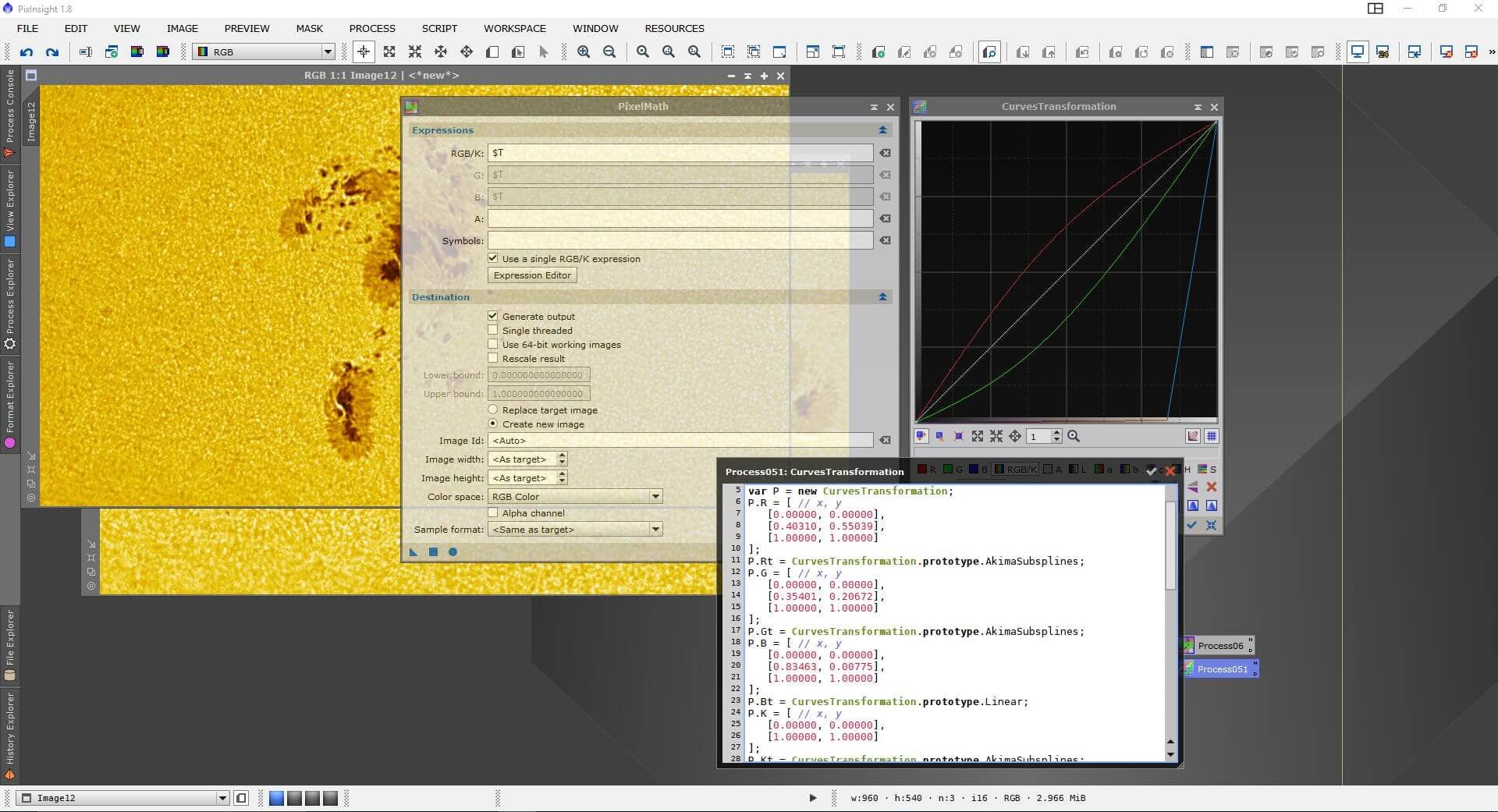 Parámetros utilizados en PixInsight para dar color sintético a las tomas de la cámara monocroma