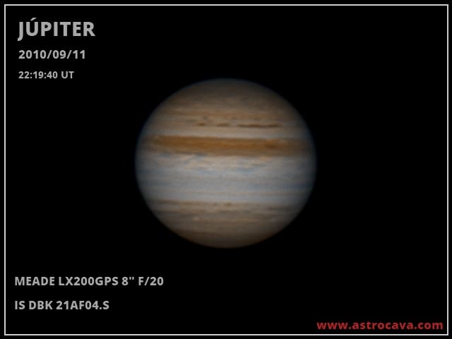 Toma del 11 de septiembre de 2010. 22:19:40 UT. Júpiter sin la Banda Ecuatorial Sur. Cámara Imaging Source DBK 21AF04.S a través del telescopio Meade LX200GPS de 8"