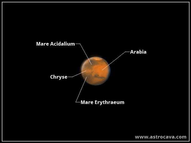 Regiones de Marte: Arabia, Chryse, Mares Acidalium y Erythraeum
