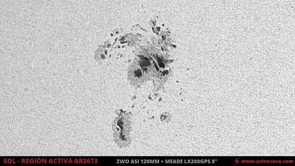 Región activa del Sol AR2673. ZWO aSI 120 MM y MEADE LX200GPS 8". Filtro Rojo y lámina Baader.