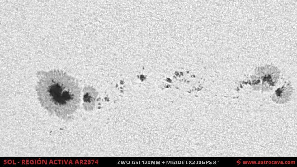 Región activa del Sol AR2674. ZWO aSI 120 MM y MEADE LX200GPS 8". Filtro Rojo y lámina Baader.