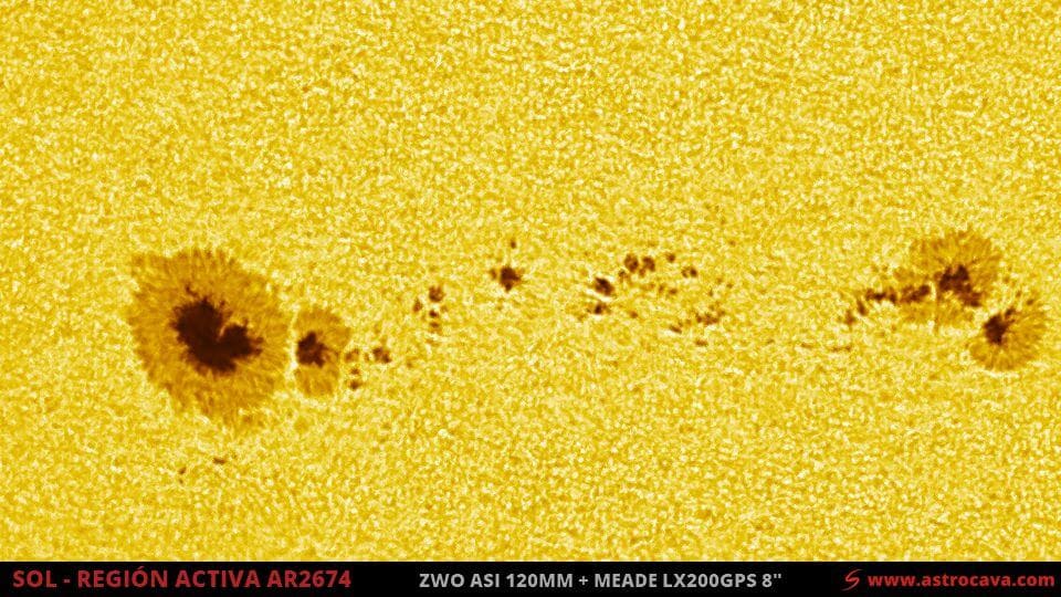 Región activa del Sol AR2674. ZWO aSI 120 MM y MEADE LX200GPS 8". Filtro Rojo y lámina Baader. Color sintético.