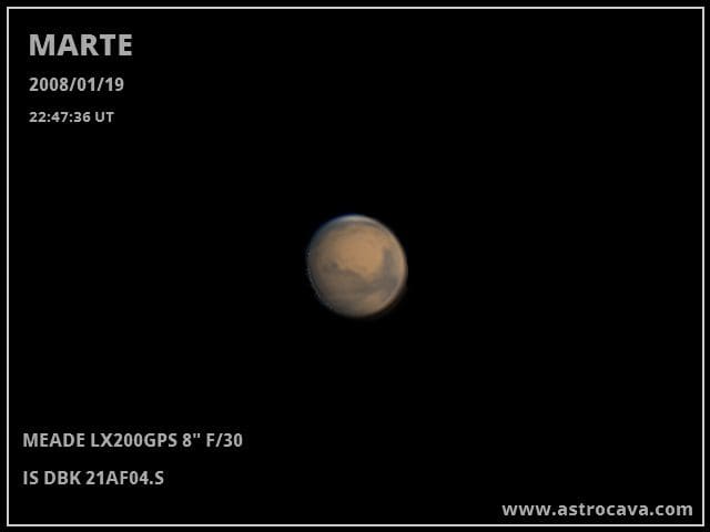 Marte en la oposición de diciembre de 2007. Meade LX200GPS de 8" y cámara IS DBK 21AF04.S