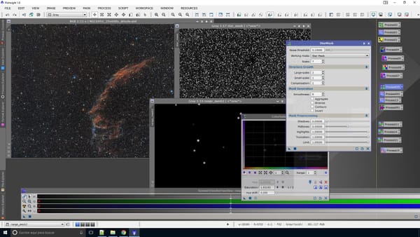 Captura de un entorno de trabajo de procesado de imágenes astronómicas en PixInsight.