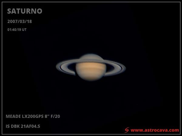 Saturno durante la oposición de febrero de 2007. Meade LX200GPS de 8" y cámara IS DBK 21AF04.S