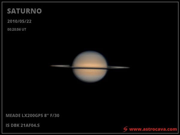 Saturno durante la oposición de marzo de 2010. Meade LX200GPS de 8" y cámara IS DBK 21AF04.S